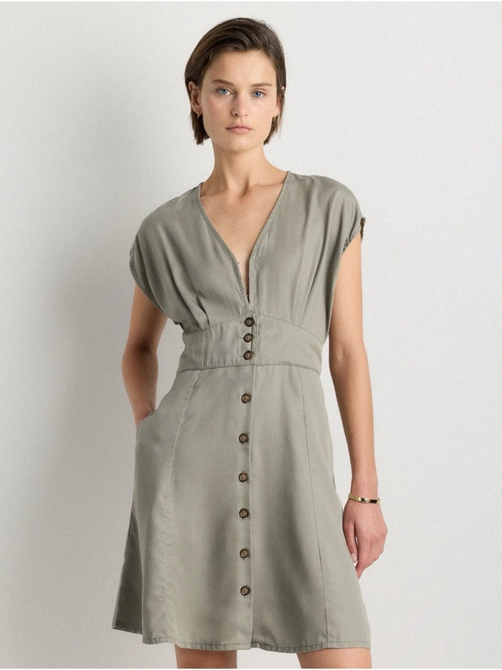 Quince Vintage Wash Tencel Button front Dress - Olive - Sz S
